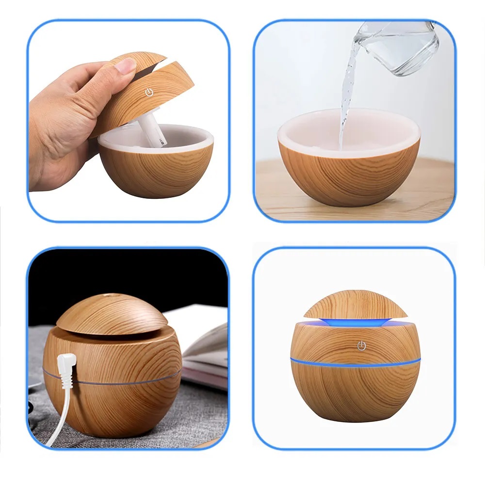 Humificador Esférico Ultrasónico Portátil, Aromaterapia H2O - Difusor de Aceite, Esencias, Aromas, LED Multicolor - Fashion, Estilo, Diseño Madera Oscura