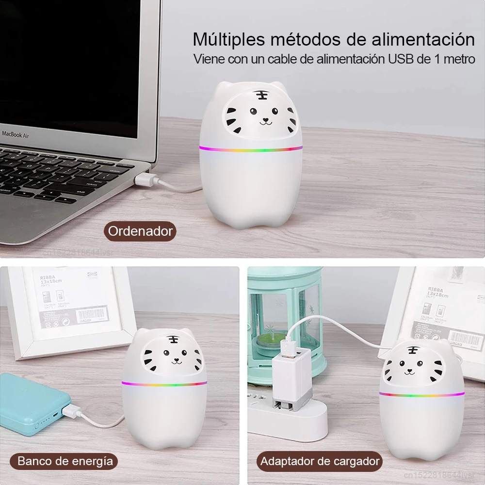 Humificador Ultrasónico Portátil, Aromaterapia H2O - Difusor de Aceite, Esencias, Aromas, LED Multicolor - Divertido, Infantil, Niños, Niñas, Blanco Panda