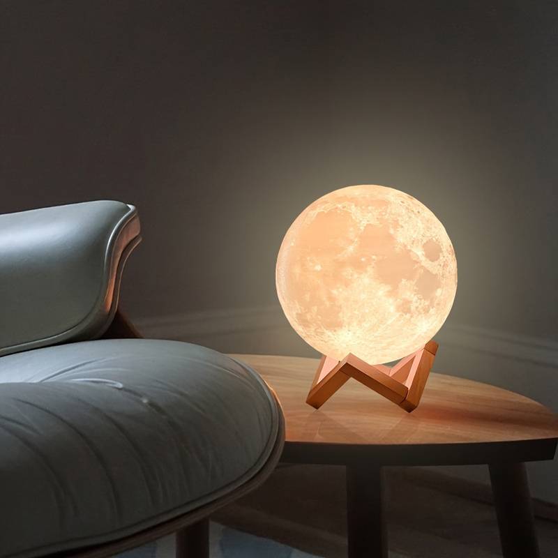 Lámpara Luna, Patas Base Madera, Humificador Ultrasónico Portátil, Aromaterapia H2O - Difusor de Aceite, Esencias, Aromas, Decoración nocturna, LED Multicolor - Moonlight 3D, Luna LLENA