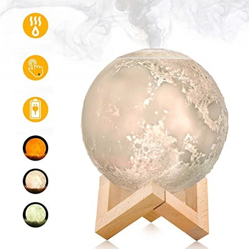 Lámpara Luna, Patas Base Madera, Humificador Ultrasónico Portátil, Aromaterapia H2O - Difusor de Aceite, Esencias, Aromas, Decoración nocturna, LED Multicolor - Moonlight 3D, Luna LLENA