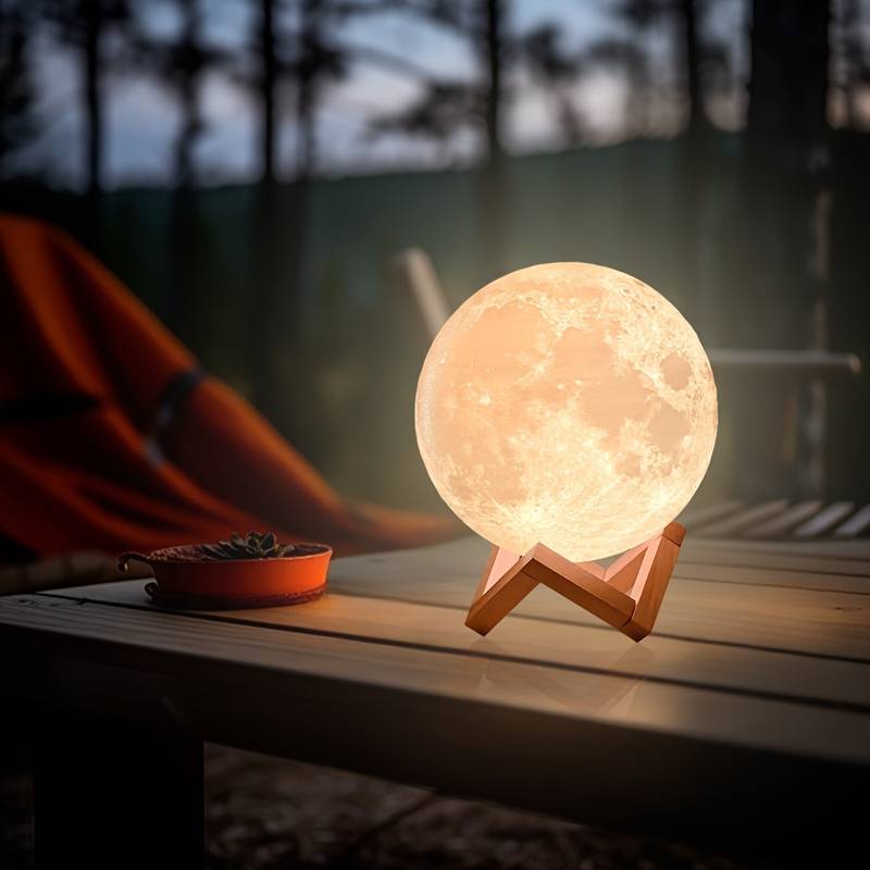 Lámpara Luna, Patas Base Madera, Humificador Ultrasónico Portátil, Aromaterapia H2O - Difusor de Aceite, Esencias, Aromas, Decoración nocturna, LED Multicolor - Moonlight 3D, Luna LLENA