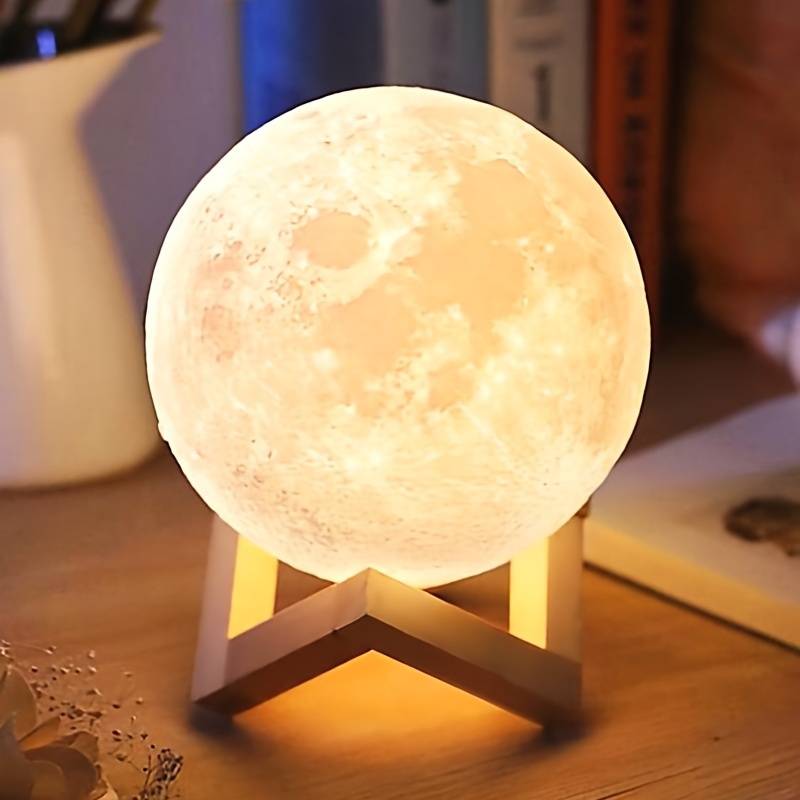 Lámpara Luna, Patas Base Madera, Humificador Ultrasónico Portátil, Aromaterapia H2O - Difusor de Aceite, Esencias, Aromas, Decoración nocturna, LED Multicolor - Moonlight 3D, Luna LLENA