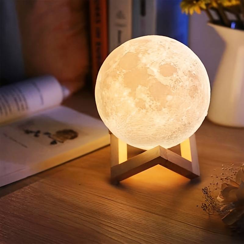 Lámpara Luna, Patas Base Madera, Humificador Ultrasónico Portátil, Aromaterapia H2O - Difusor de Aceite, Esencias, Aromas, Decoración nocturna, LED Multicolor - Moonlight 3D, Luna LLENA