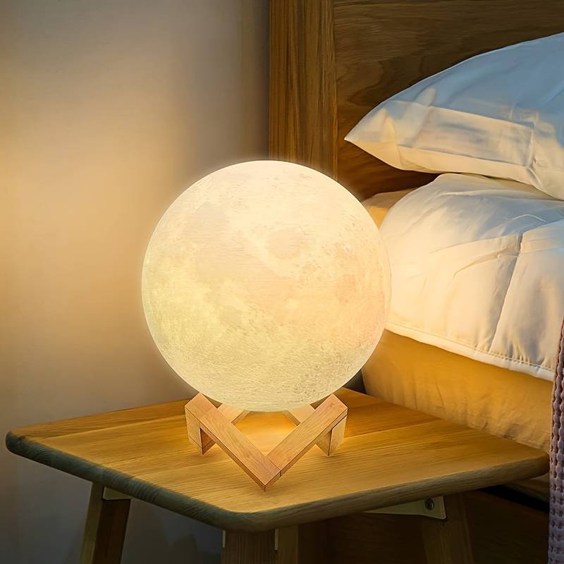 Lámpara Luna, Patas Base Madera, Humificador Ultrasónico Portátil, Aromaterapia H2O - Difusor de Aceite, Esencias, Aromas, Decoración nocturna, LED Multicolor - Moonlight 3D, Luna LLENA
