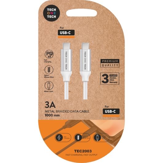 TechOneTech Cable USB-C PD 3.0 Macho a USB-C Macho 1m - Recubierto de Nylon Trenzado