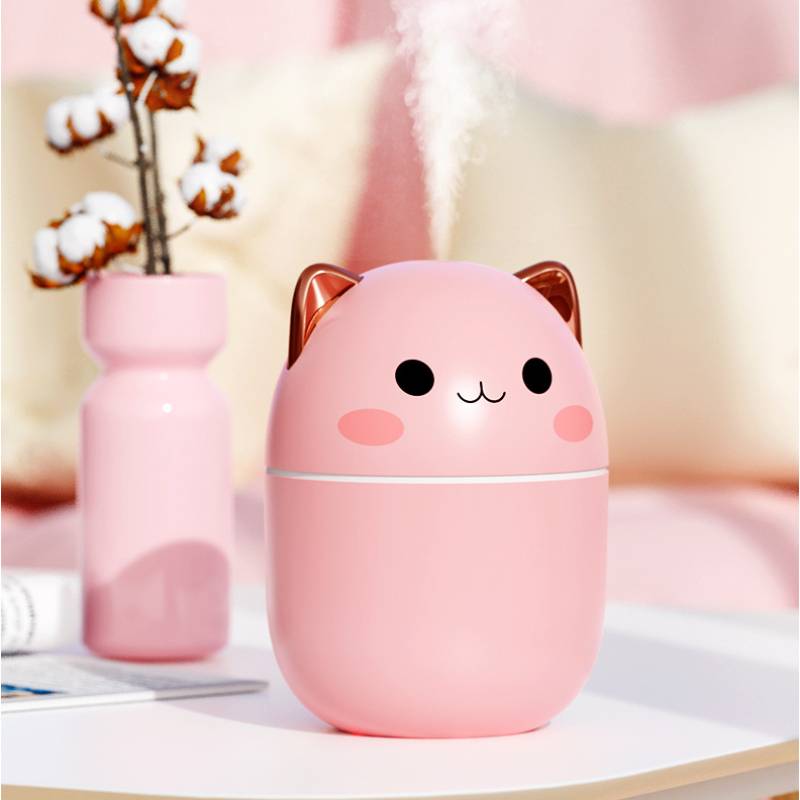 Humificador Aire Ultrasónico Portátil, Aromaterapia H2O - Difusor de Aceite, Esencias, Aromas, LED Multicolor - Divertido, Infantil, Niños, Niñas, Gato Rosa, con orejas Cromadas
