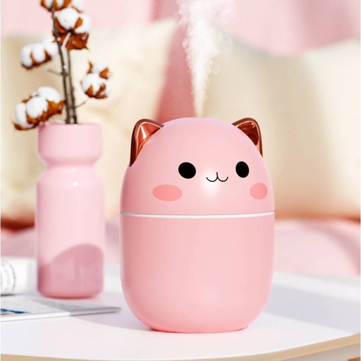[GA-VA00041] Humificador Aire Ultrasónico Portátil, Aromaterapia H2O - Difusor de Aceite, Esencias, Aromas, LED Multicolor - Divertido, Infantil, Niños, Niñas, Gato Rosa, con orejas Cromadas